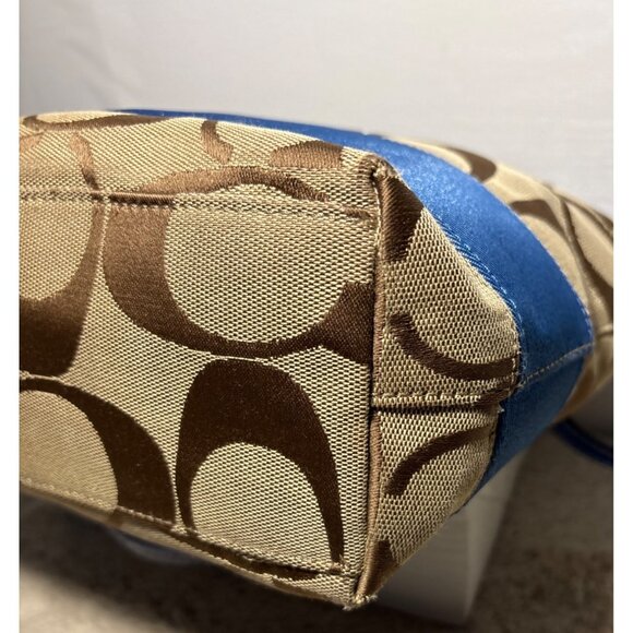 Coach Purse Khaki Signature Blue Stripe Top Zip Tote Shoulder Bag F19046 - Picture 6 of 16